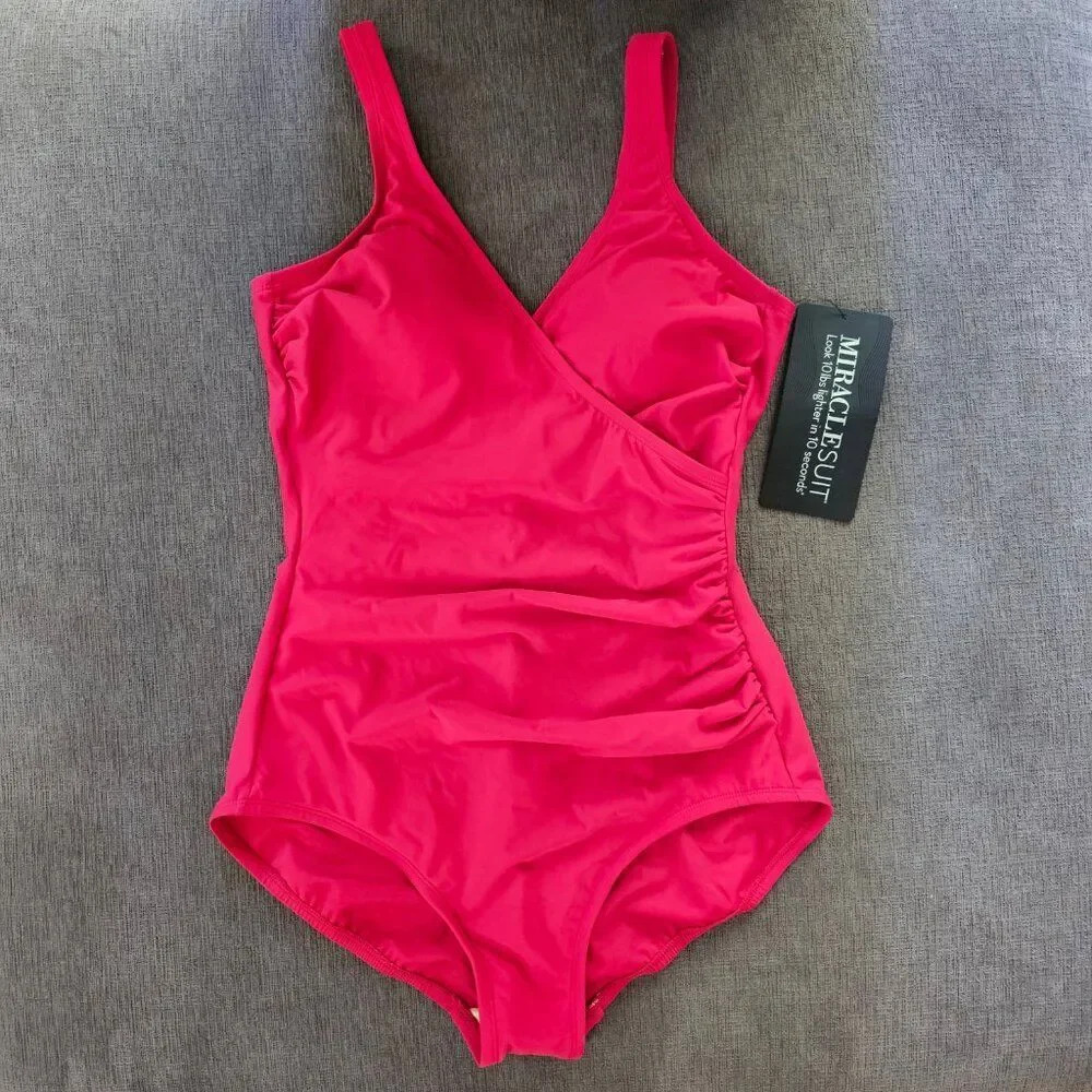 MIRACLESUIT women's Red Surplice Style One Piece Tummy Control Swimsuit Size 12